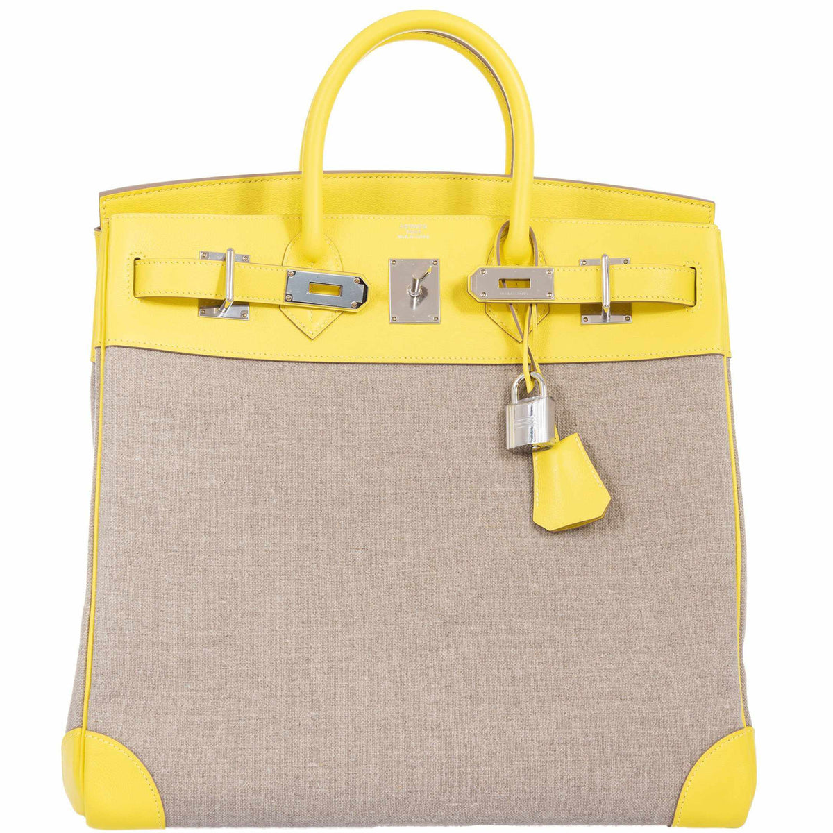 Hermes Birkin 40 HAC Lime & Ficelle Evercolor Toile De Camp Palladium Hardware Hermes