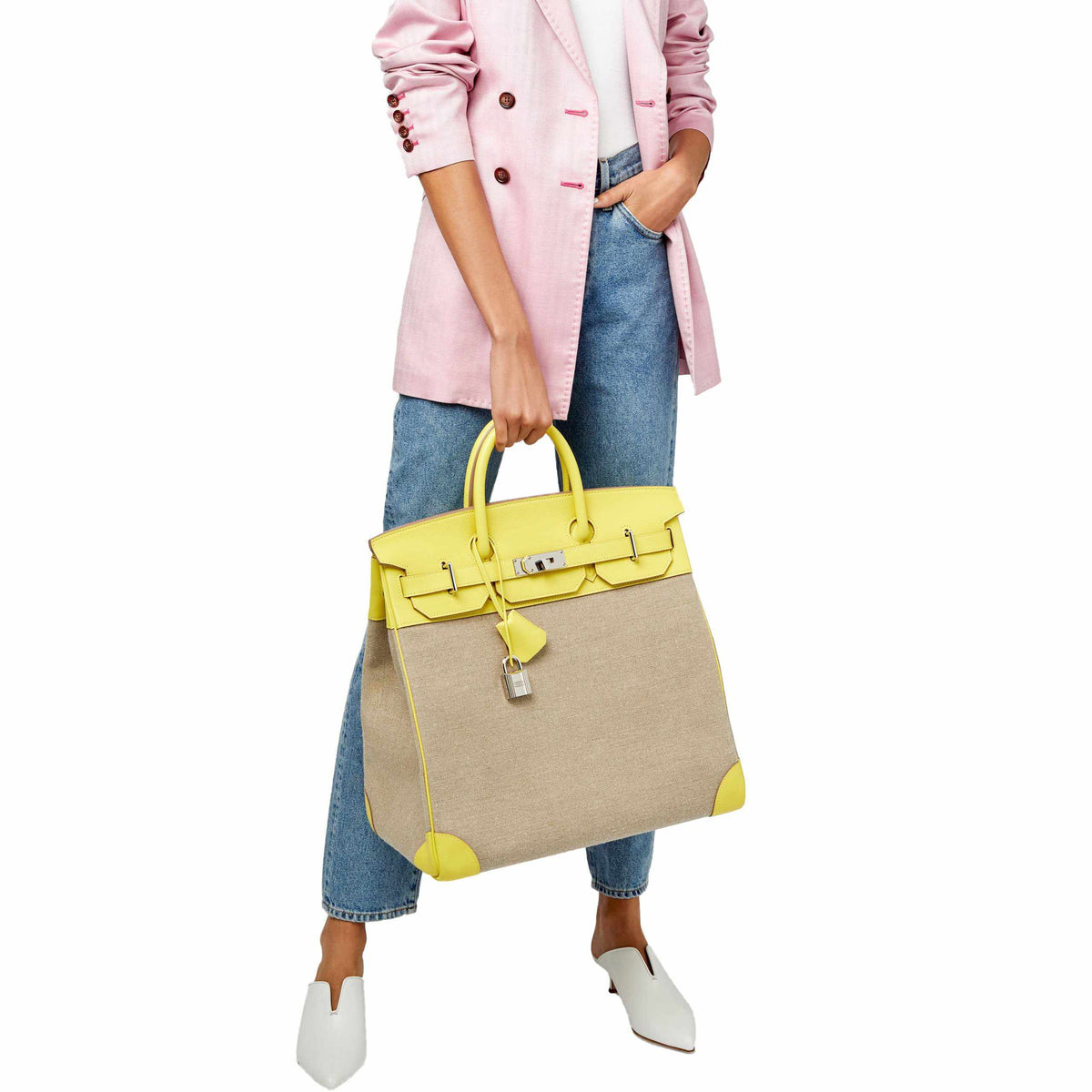 Hermes Birkin 40 HAC Lime & Ficelle Evercolor Toile De Camp Palladium Hardware Hermes