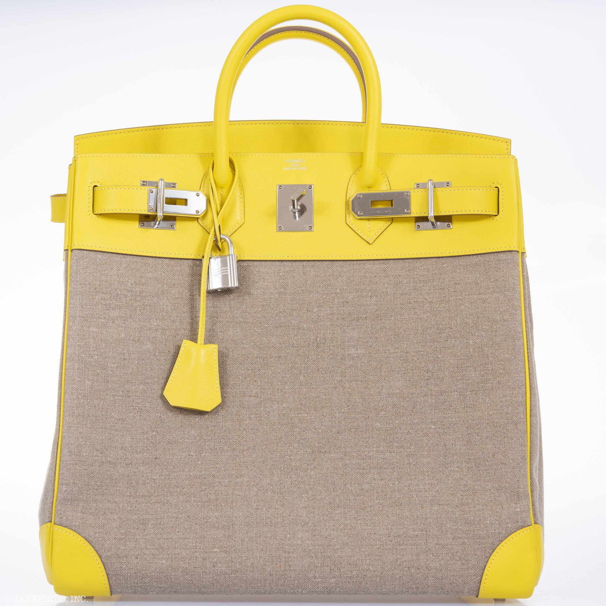 Hermes Birkin 40 HAC Lime & Ficelle Evercolor Toile De Camp Palladium Hardware Hermes