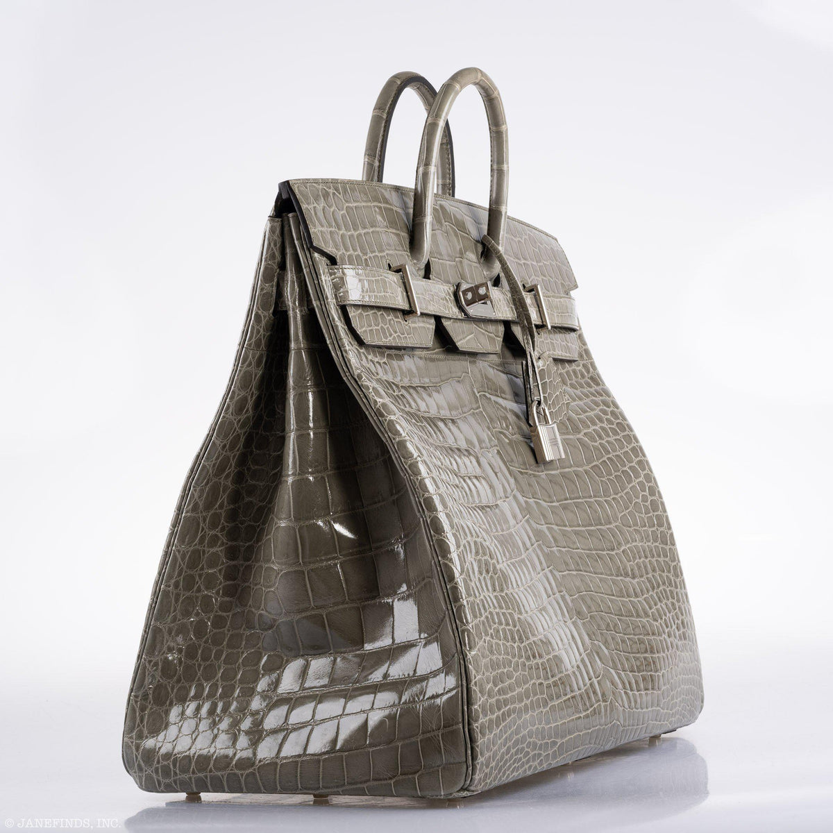 Hermes Birkin 50 HAC Gris Tourterelle Shiny Porosus Crocodile Palladium Hardware Hermes