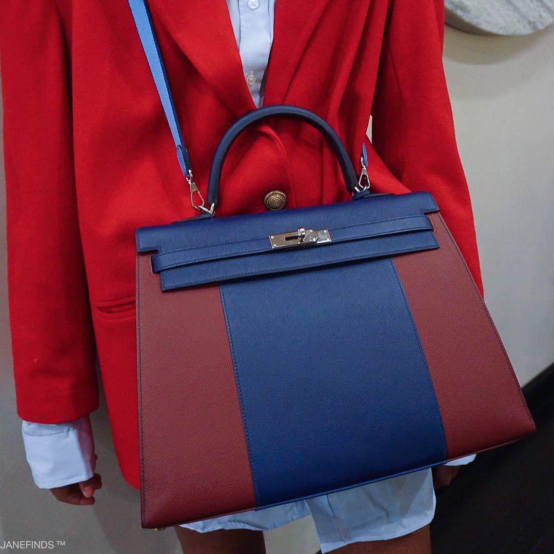 Hermes Flag Kelly 35 Sellier Blue Saphir & Rouge H Epsom Palladium Hardware Hermes