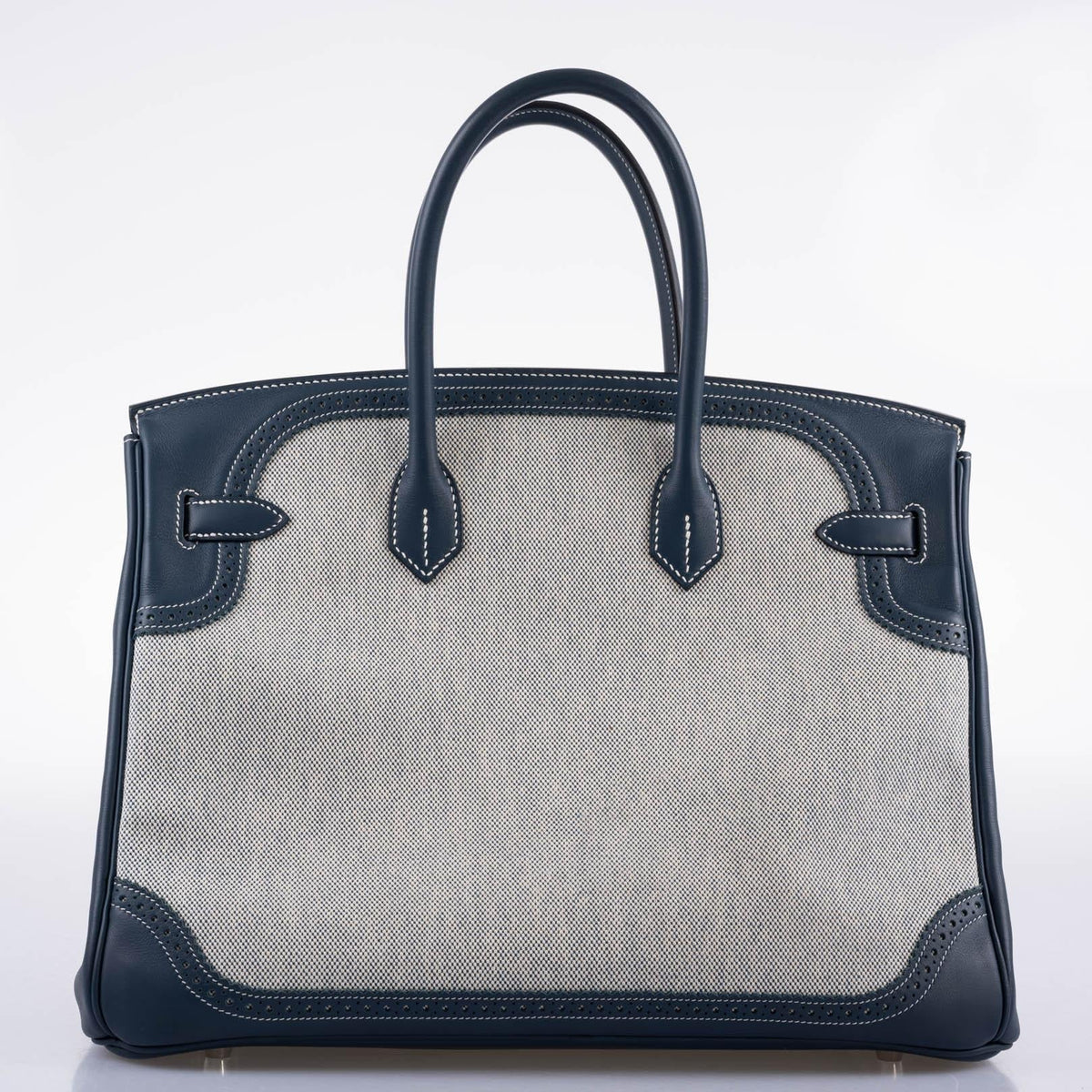 Hermes Ghillies Birkin 35 Blue de Prusse Swift & Toile with Palladium Hardware Hermes