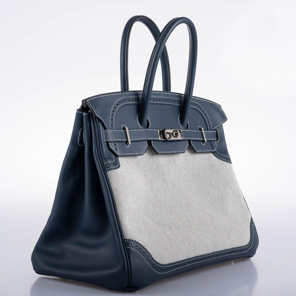 Hermes Ghillies Birkin 35 Blue de Prusse Swift & Toile with Palladium Hardware Hermes