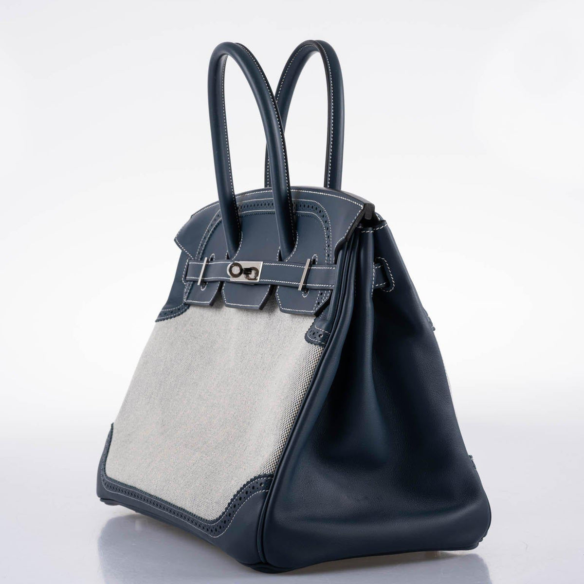 Hermes Ghillies Birkin 35 Blue de Prusse Swift & Toile with Palladium Hardware Hermes
