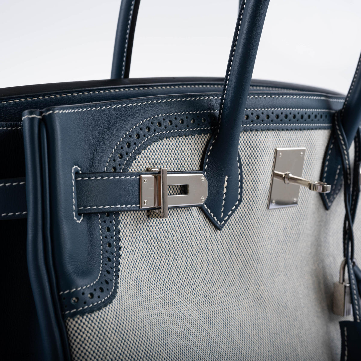 Hermes Ghillies Birkin 35 Blue de Prusse Swift & Toile with Palladium Hardware Hermes
