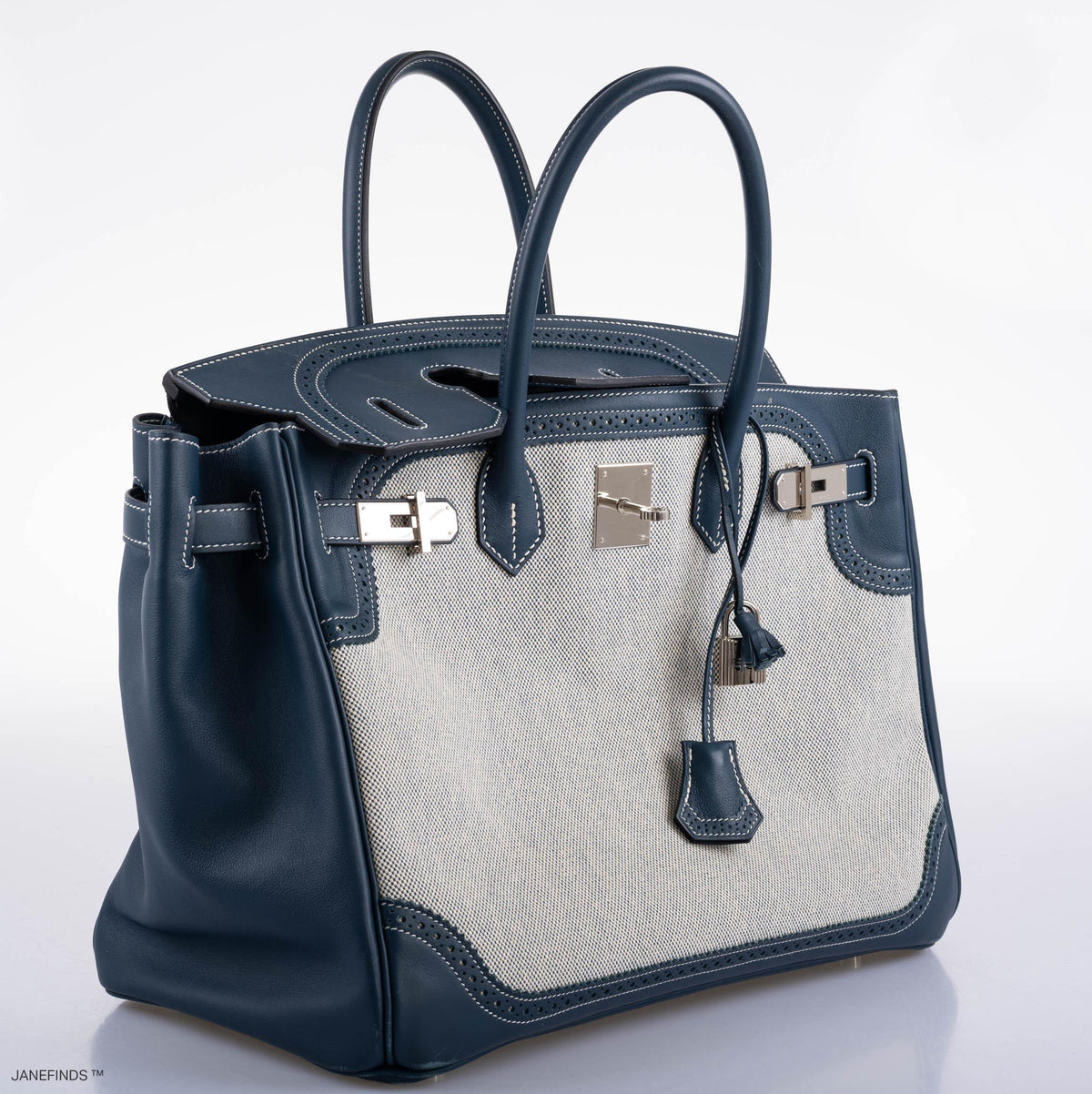 Hermes Ghillies Birkin 35 Blue de Prusse Swift & Toile with Palladium Hardware Hermes