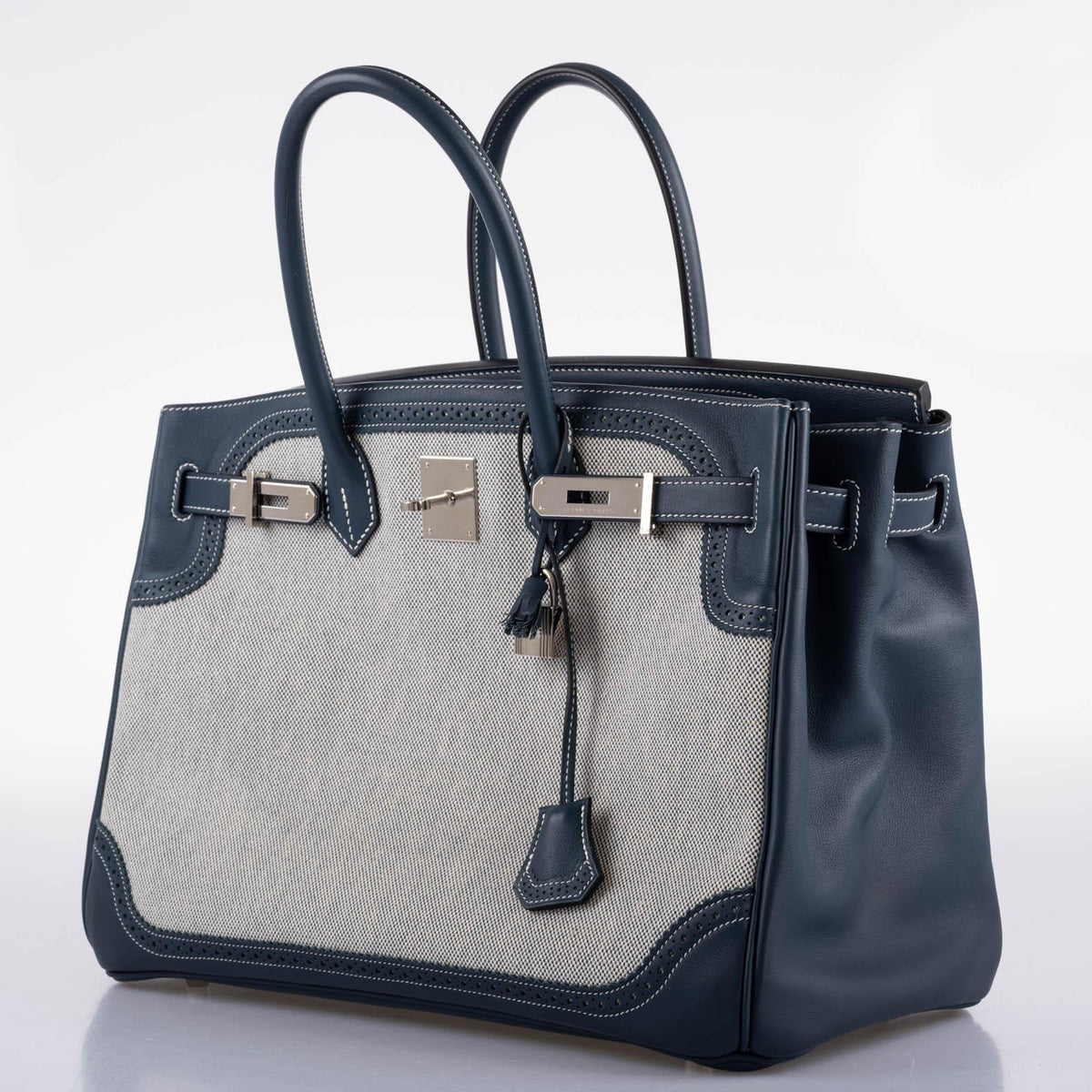 Hermes Ghillies Birkin 35 Blue de Prusse Swift & Toile with Palladium Hardware Hermes