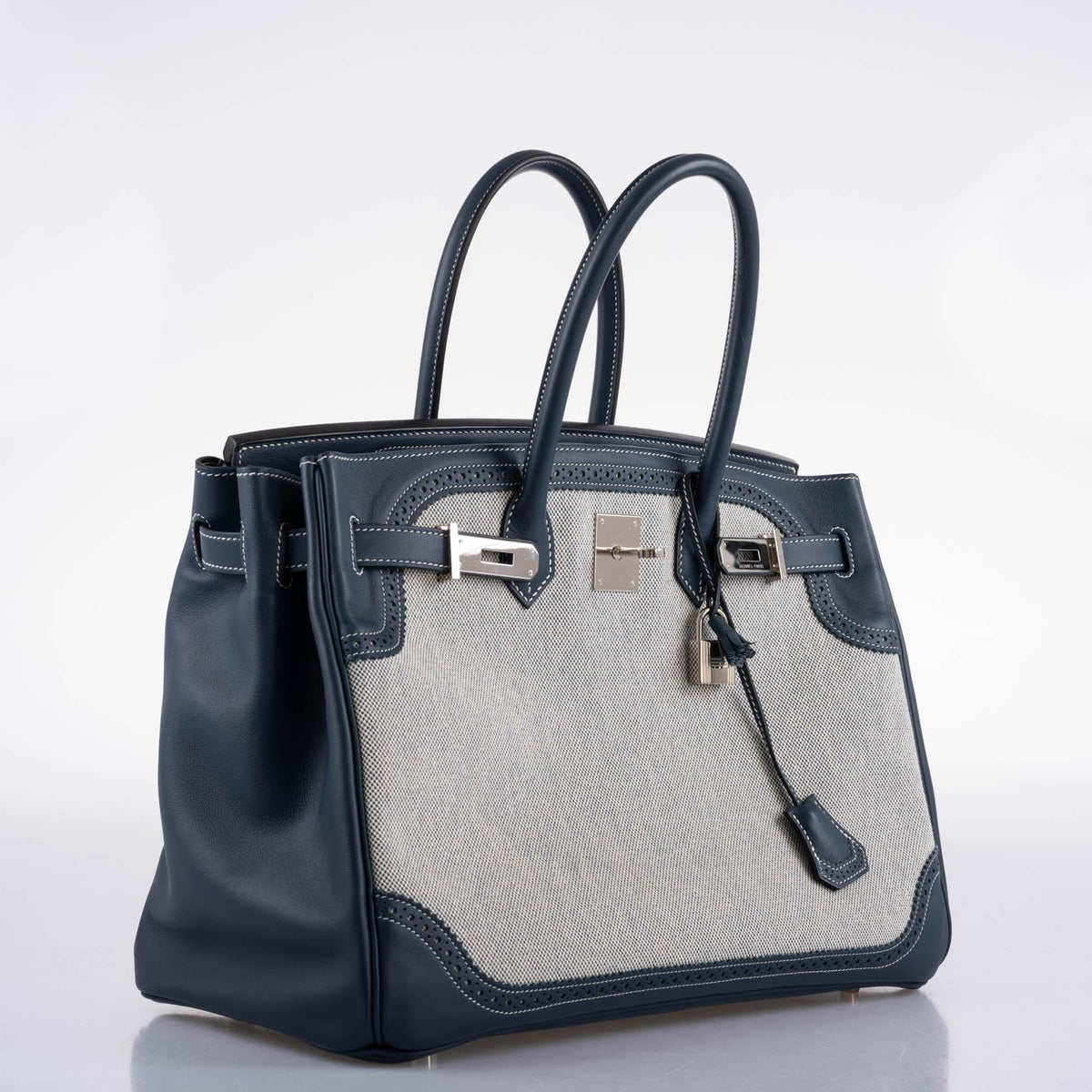 Hermes Ghillies Birkin 35 Blue de Prusse Swift & Toile with Palladium Hardware Hermes