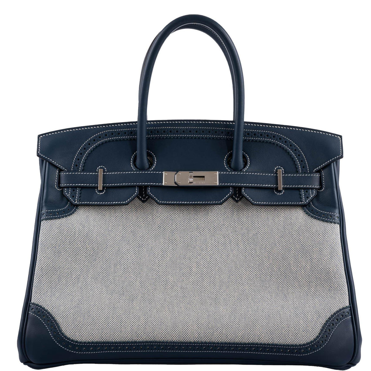 Hermes Ghillies Birkin 35 Blue de Prusse Swift & Toile with Palladium Hardware Hermes