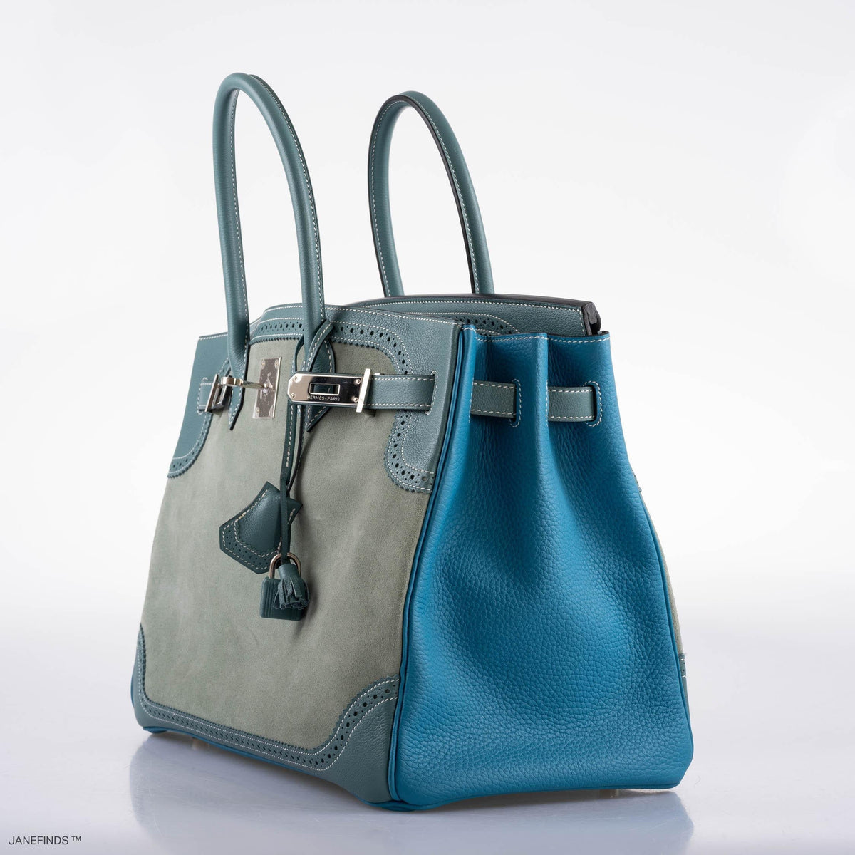 Hermes Ghillies Birkin 35 Ciel Doblis, Turquoise Togo & Blue Jean Swift with Palladium Hardware Hermes