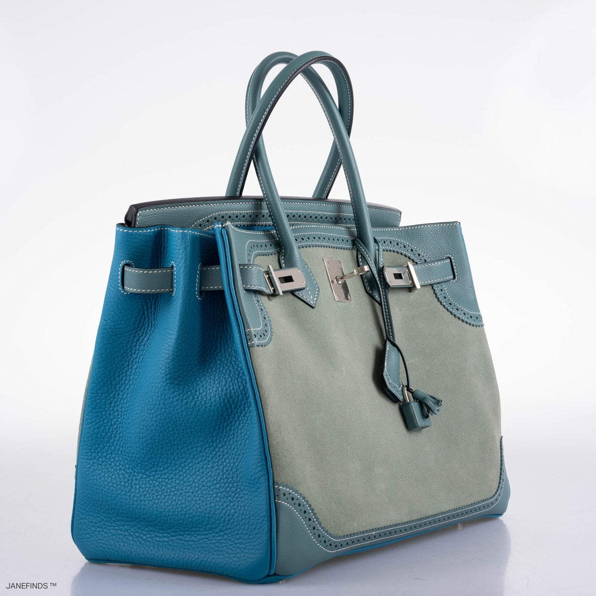Hermes Ghillies Birkin 35 Ciel Doblis, Turquoise Togo & Blue Jean Swift with Palladium Hardware Hermes