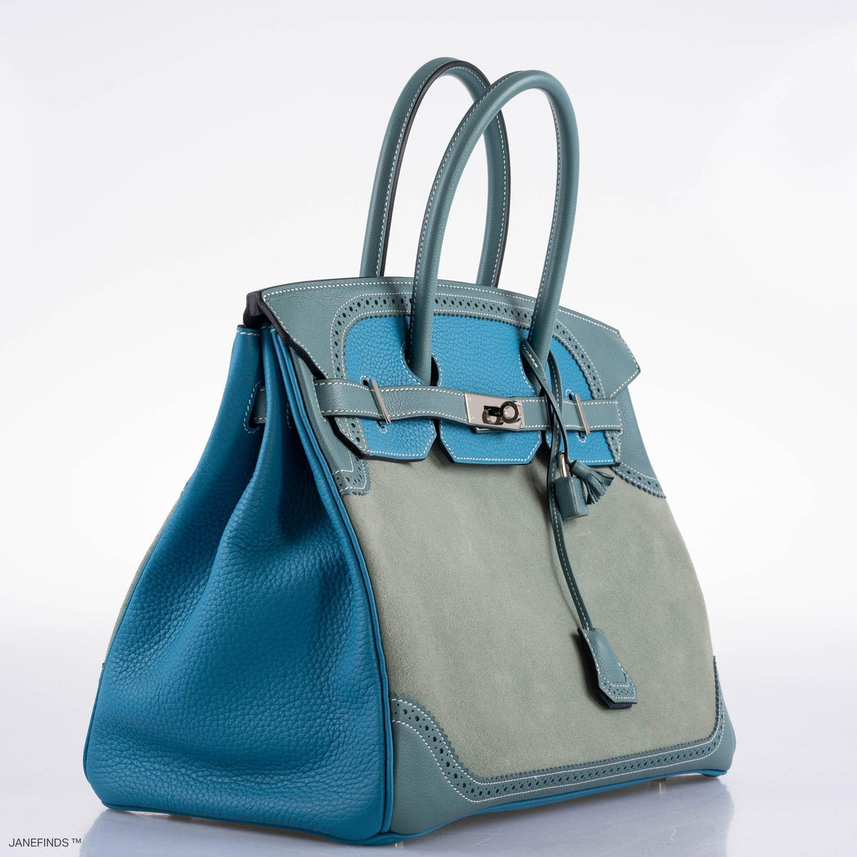 Hermes Ghillies Birkin 35 Ciel Doblis, Turquoise Togo & Blue Jean Swift with Palladium Hardware Hermes