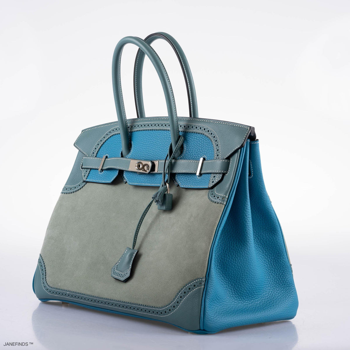 Hermes Ghillies Birkin 35 Ciel Doblis, Turquoise Togo & Blue Jean Swift with Palladium Hardware Hermes