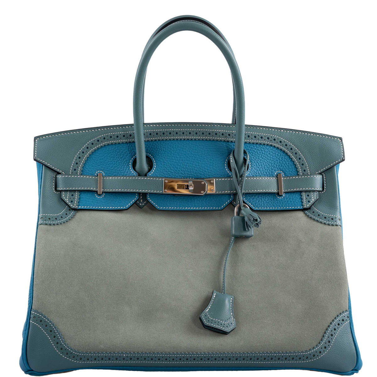 Hermes Ghillies Birkin 35 Ciel Doblis, Turquoise Togo & Blue Jean Swift with Palladium Hardware Hermes