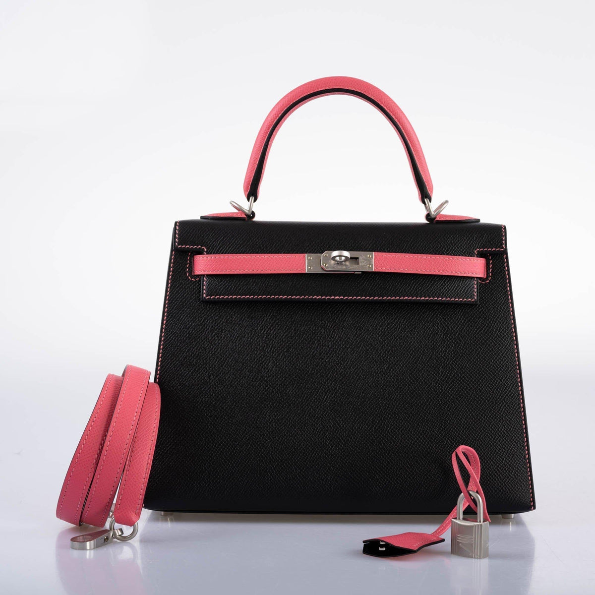 Hermes HSS Kelly 25 Sellier Rose Azalee & Black Epsom with Brushed Palladium Hardware Hermes