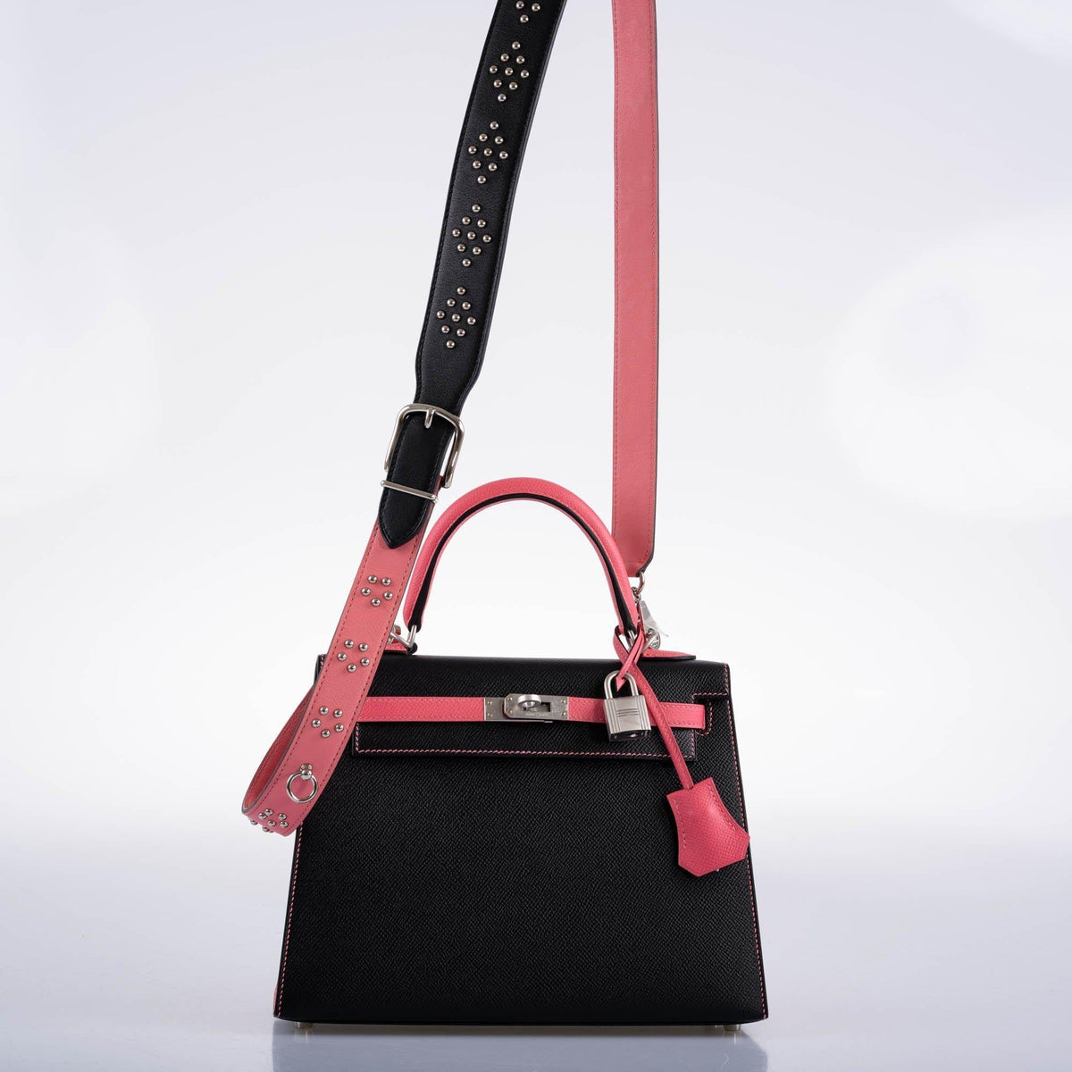 Hermes HSS Kelly 25 Sellier Rose Azalee & Black Epsom with Brushed Palladium Hardware Hermes