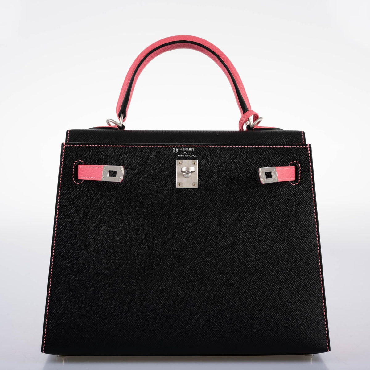 Hermes HSS Kelly 25 Sellier Rose Azalee & Black Epsom with Brushed Palladium Hardware Hermes