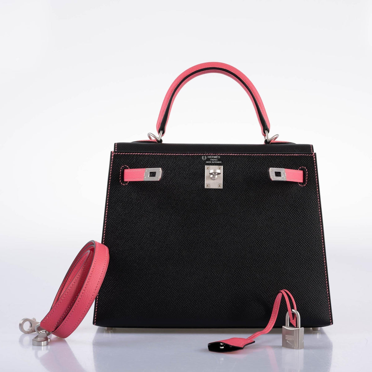 Hermes HSS Kelly 25 Sellier Rose Azalee & Black Epsom with Brushed Palladium Hardware Hermes