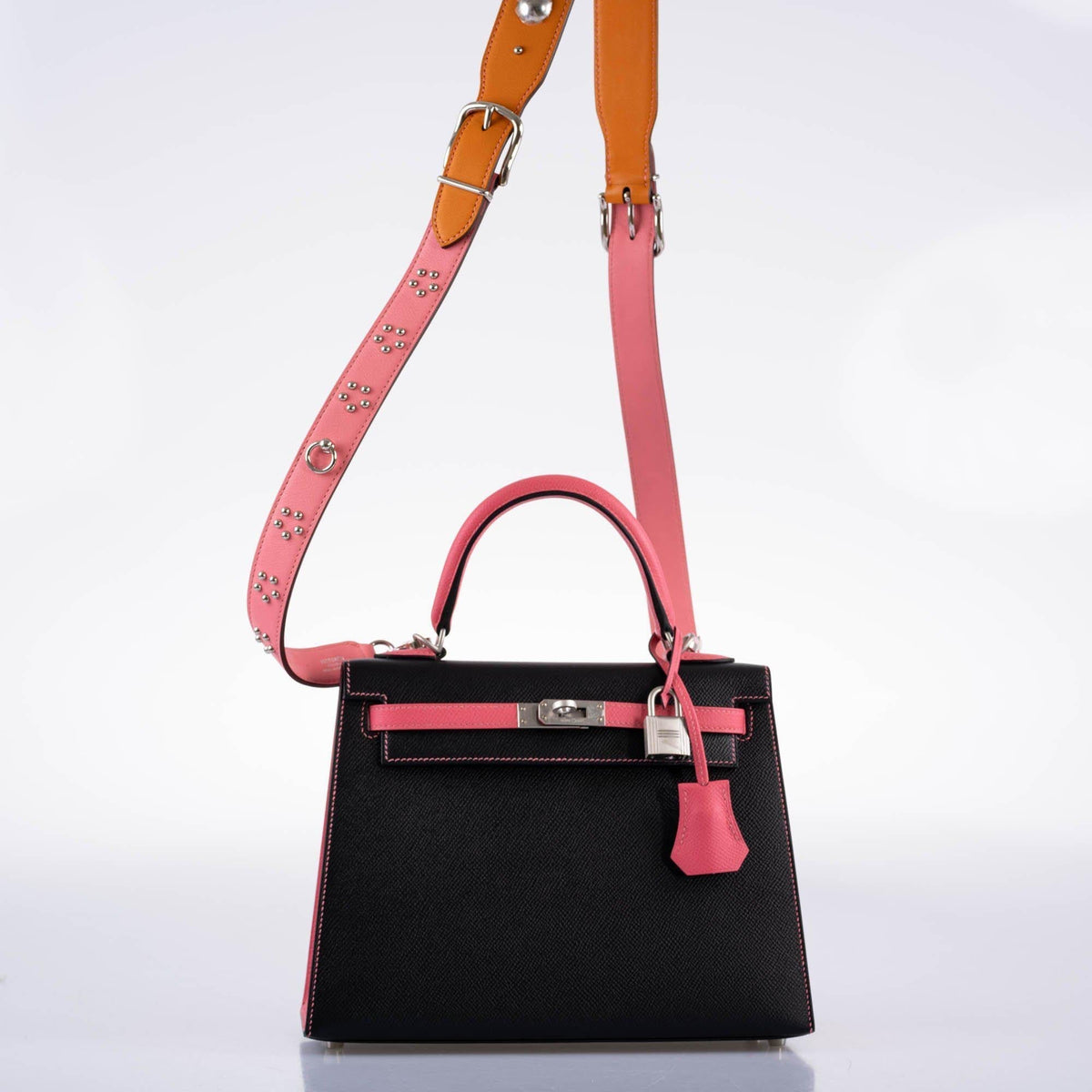 Hermes HSS Kelly 25 Sellier Rose Azalee & Black Epsom with Brushed Palladium Hardware Hermes