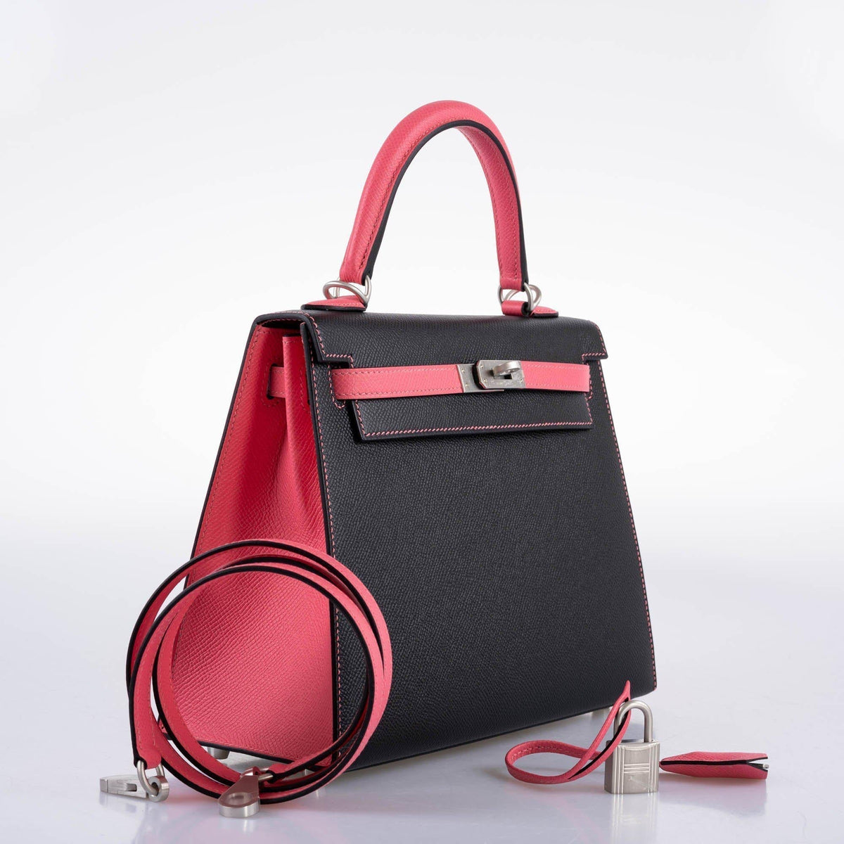 Hermes HSS Kelly 25 Sellier Rose Azalee & Black Epsom with Brushed Palladium Hardware Hermes