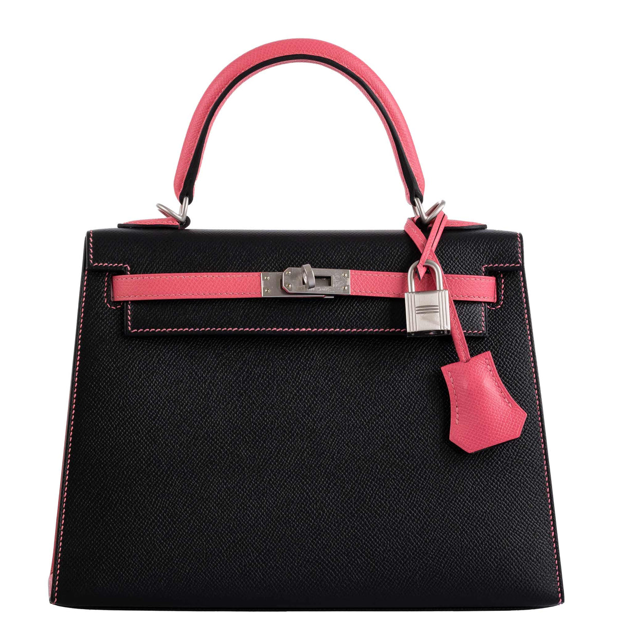 Hermes HSS Kelly 25 Sellier Rose Azalee & Black Epsom with Brushed Palladium Hardware Hermes