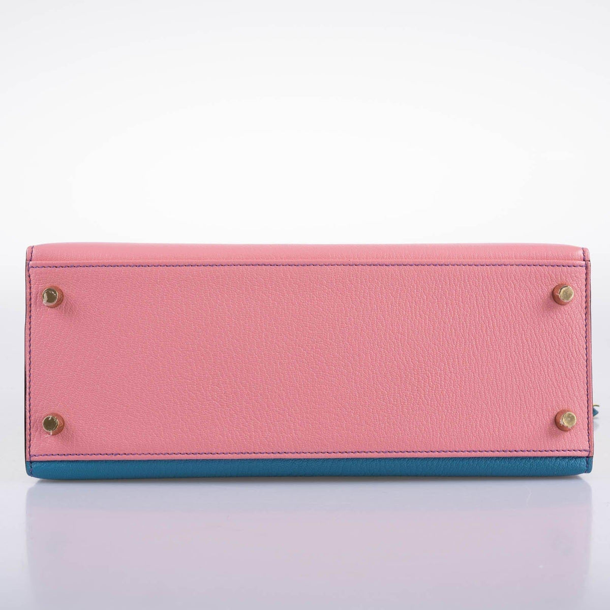 Hermes HSS Kelly 28 Sellier Tri-Color Rose Confetti, Lime & Blue Aztec Chevre with Brushed Gold Hardware Hermes