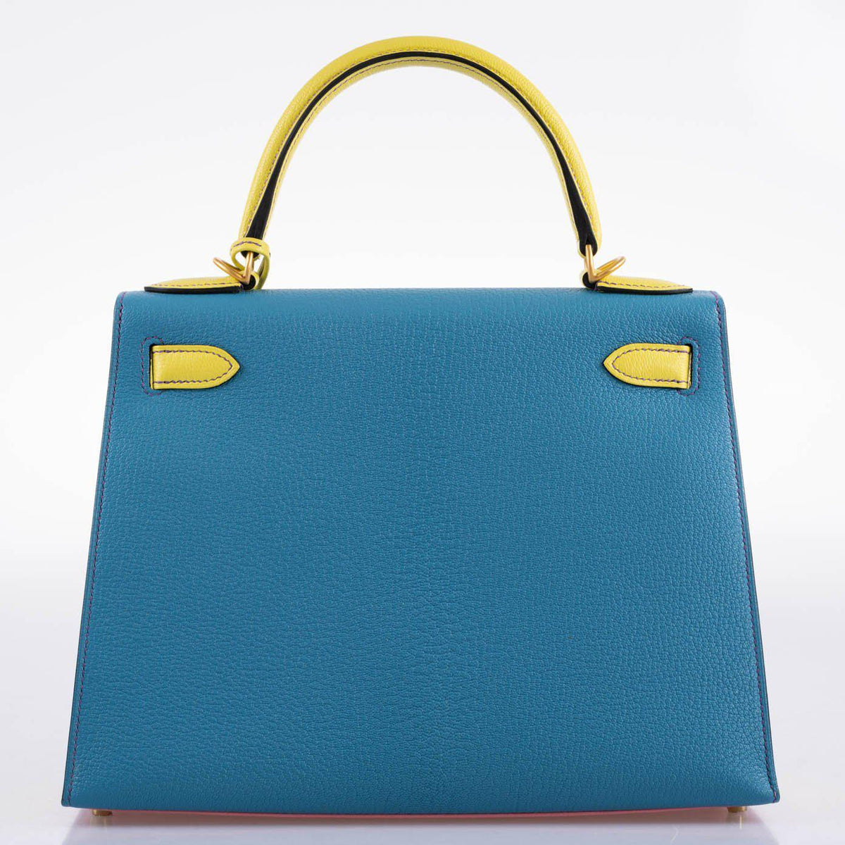 Hermes HSS Kelly 28 Sellier Tri-Color Rose Confetti, Lime & Blue Aztec Chevre with Brushed Gold Hardware Hermes