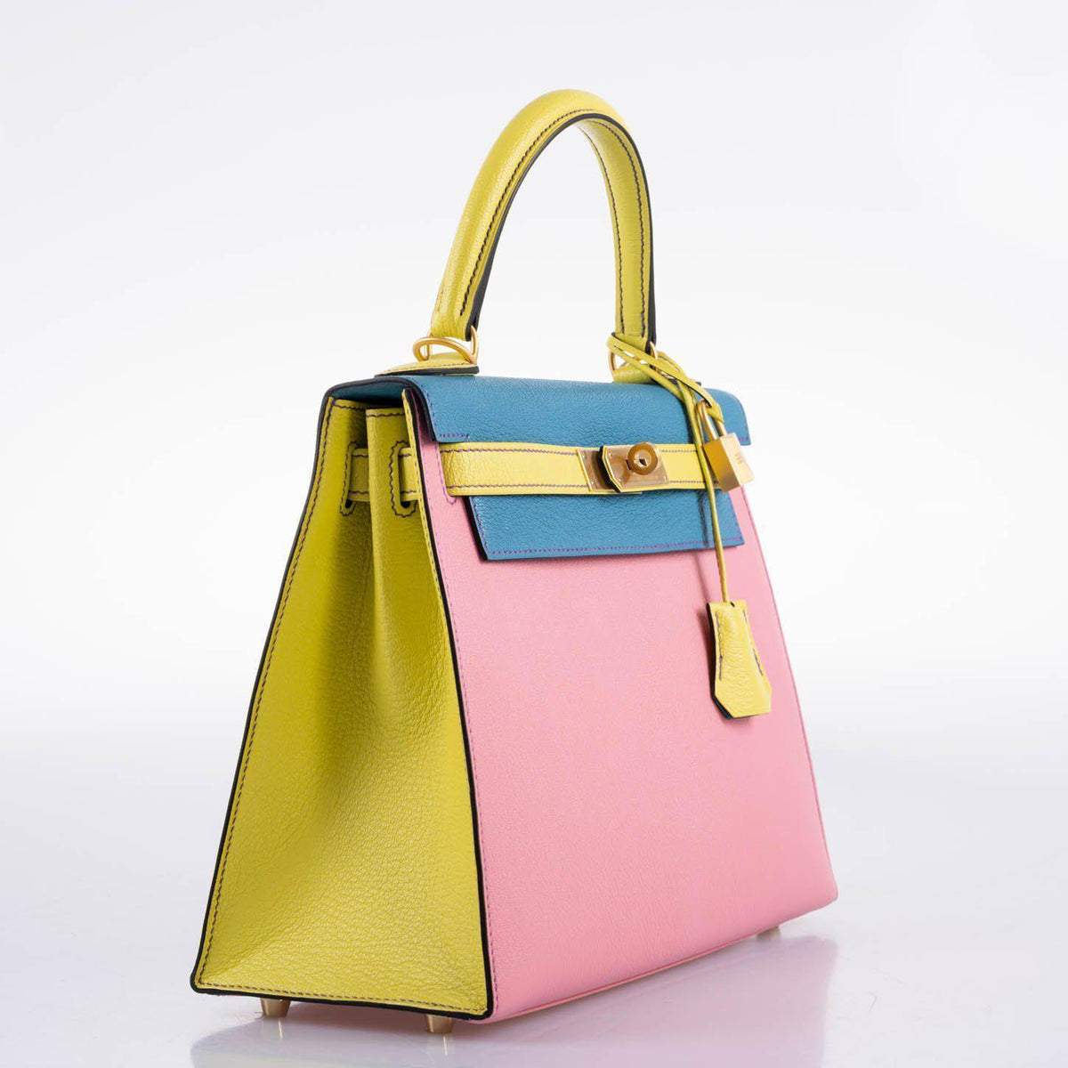 Hermes HSS Kelly 28 Sellier Tri-Color Rose Confetti, Lime & Blue Aztec Chevre with Brushed Gold Hardware Hermes