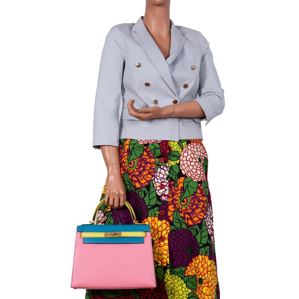 Hermes HSS Kelly 28 Sellier Tri-Color Rose Confetti, Lime & Blue Aztec Chevre with Brushed Gold Hardware Hermes