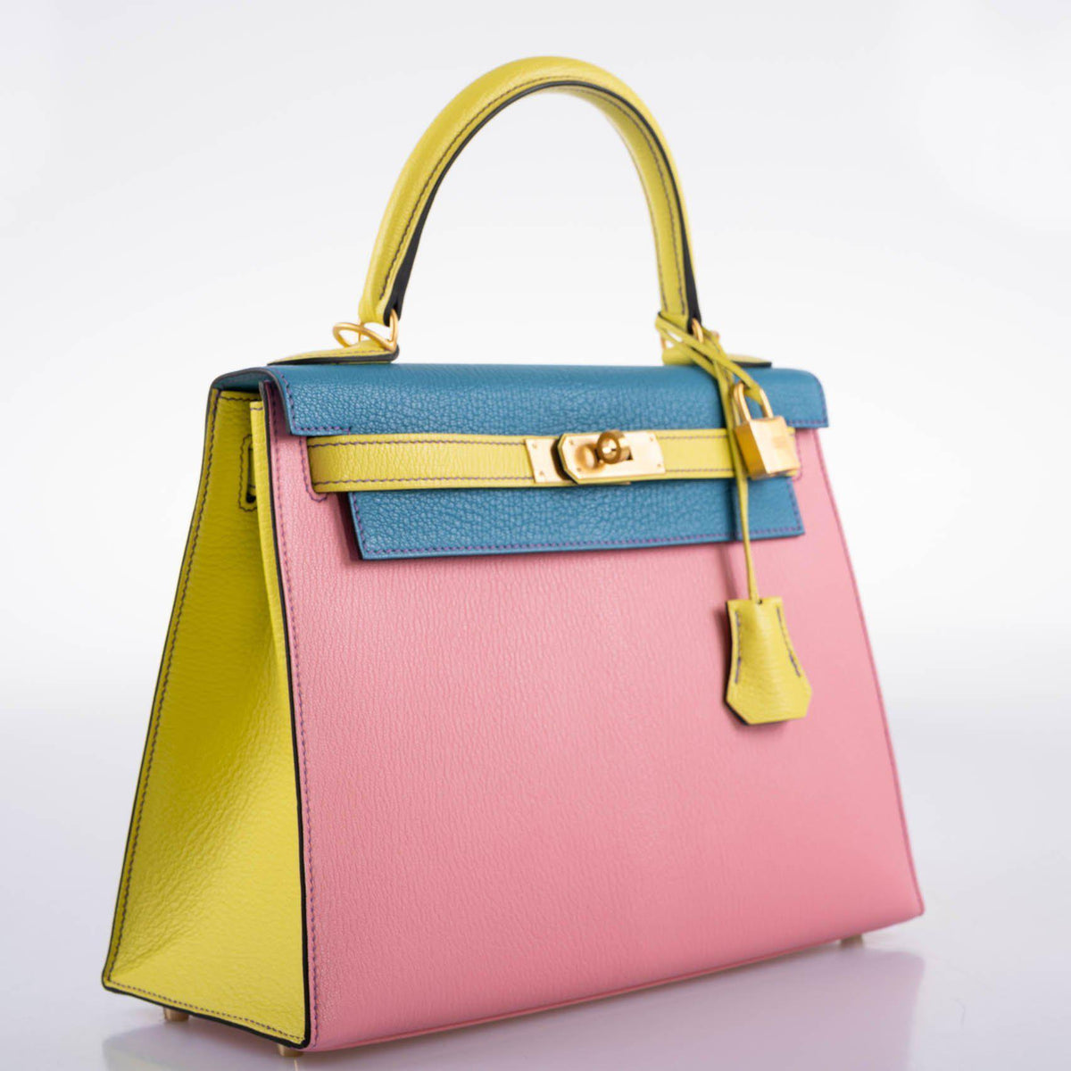 Hermes HSS Kelly 28 Sellier Tri-Color Rose Confetti, Lime & Blue Aztec Chevre with Brushed Gold Hardware Hermes