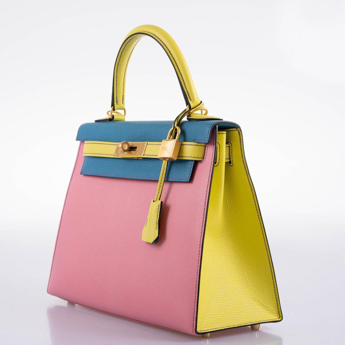 Hermes HSS Kelly 28 Sellier Tri-Color Rose Confetti, Lime & Blue Aztec Chevre with Brushed Gold Hardware Hermes