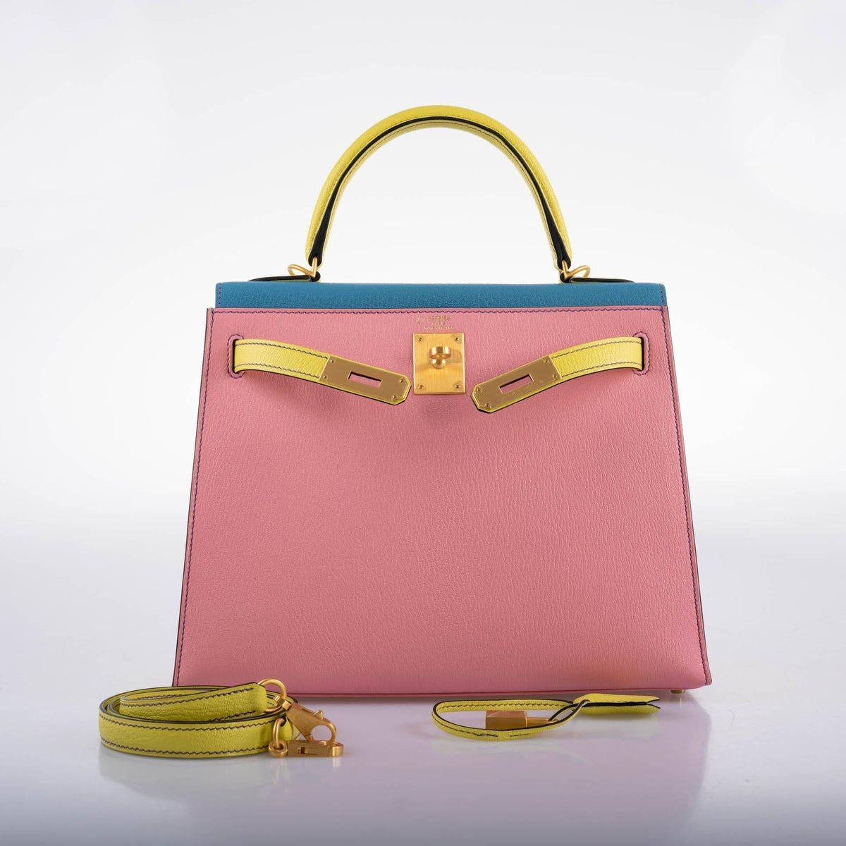 Hermes HSS Kelly 28 Sellier Tri-Color Rose Confetti, Lime & Blue Aztec Chevre with Brushed Gold Hardware Hermes