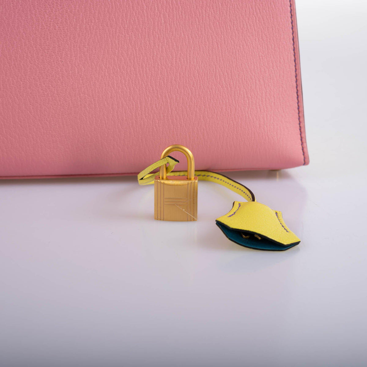Hermes HSS Kelly 28 Sellier Tri-Color Rose Confetti, Lime & Blue Aztec Chevre with Brushed Gold Hardware Hermes