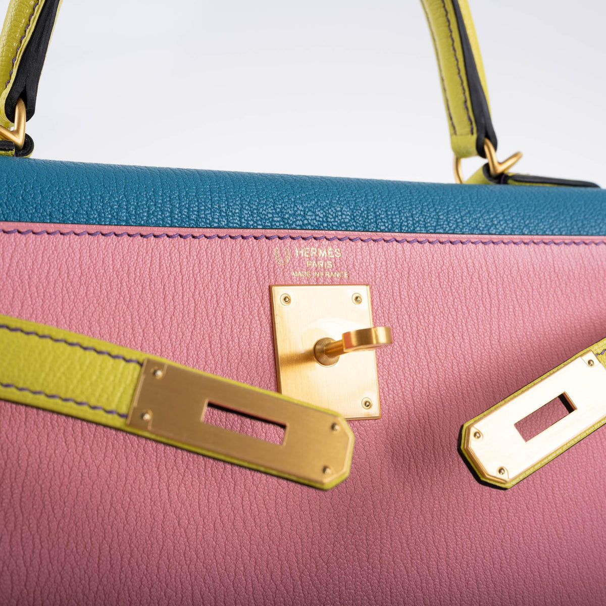 Hermes HSS Kelly 28 Sellier Tri-Color Rose Confetti, Lime & Blue Aztec Chevre with Brushed Gold Hardware Hermes
