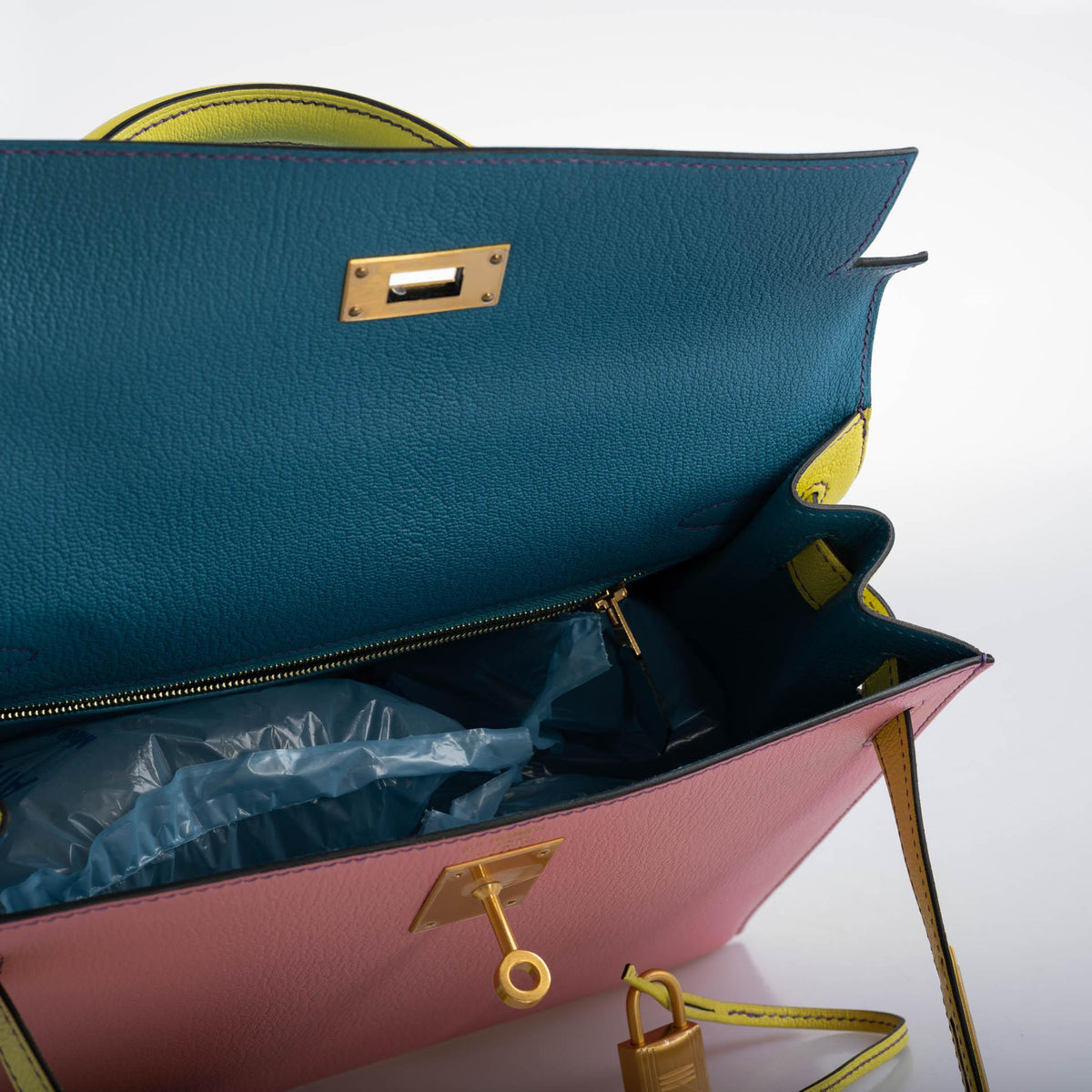 Hermes HSS Kelly 28 Sellier Tri-Color Rose Confetti, Lime & Blue Aztec Chevre with Brushed Gold Hardware Hermes