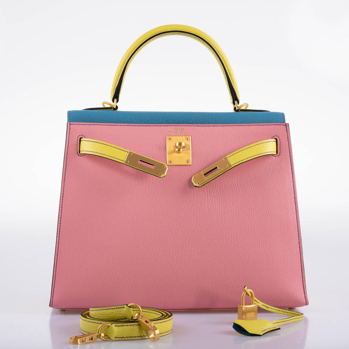 Hermes HSS Kelly 28 Sellier Tri-Color Rose Confetti, Lime & Blue Aztec Chevre with Brushed Gold Hardware Hermes