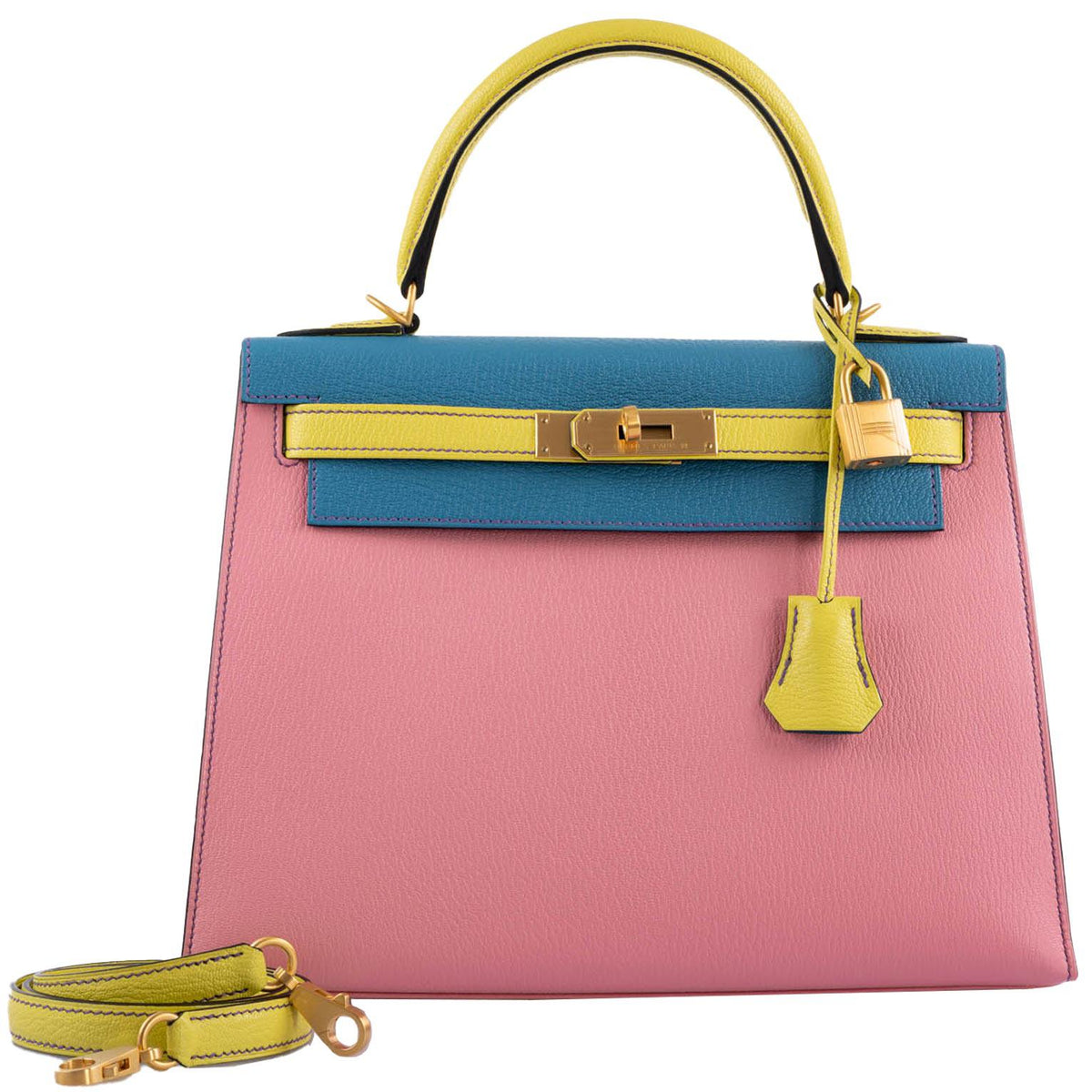 Hermes HSS Kelly 28 Sellier Tri-Color Rose Confetti, Lime & Blue Aztec Chevre with Brushed Gold Hardware Hermes