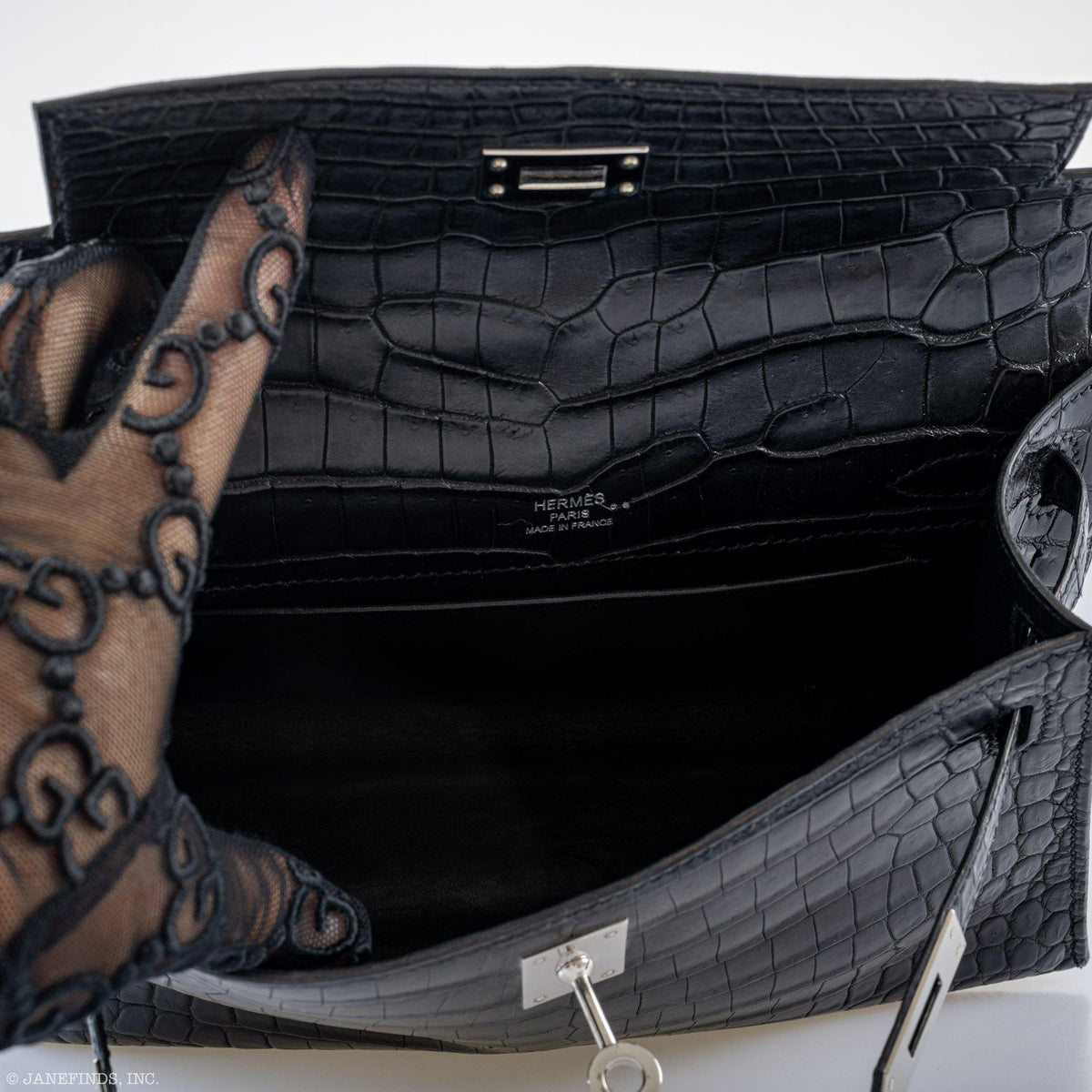 Hermes JPG Kelly Pochette Black Matte Niloticus Crocodile Palladium Hardware Hermes