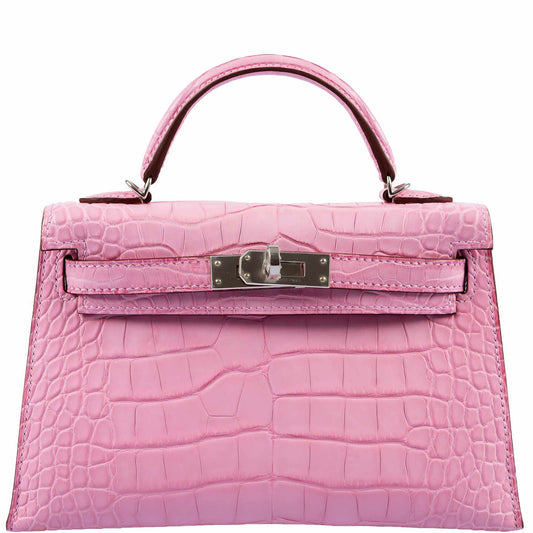 Hermes Kelly 20 Mini II Sellier 5P Bubblegum Matte Pink Alligator Palladium Hardware - 2019, D