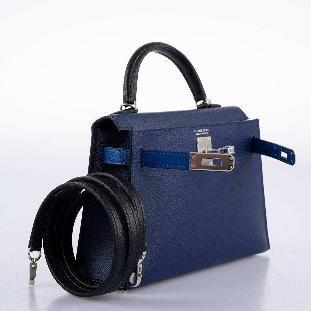 Hermes Kelly 20 Mini II Sellier Bleu Sapphire, Bleu France, Noire Epsom Palladium Hardware Hermes