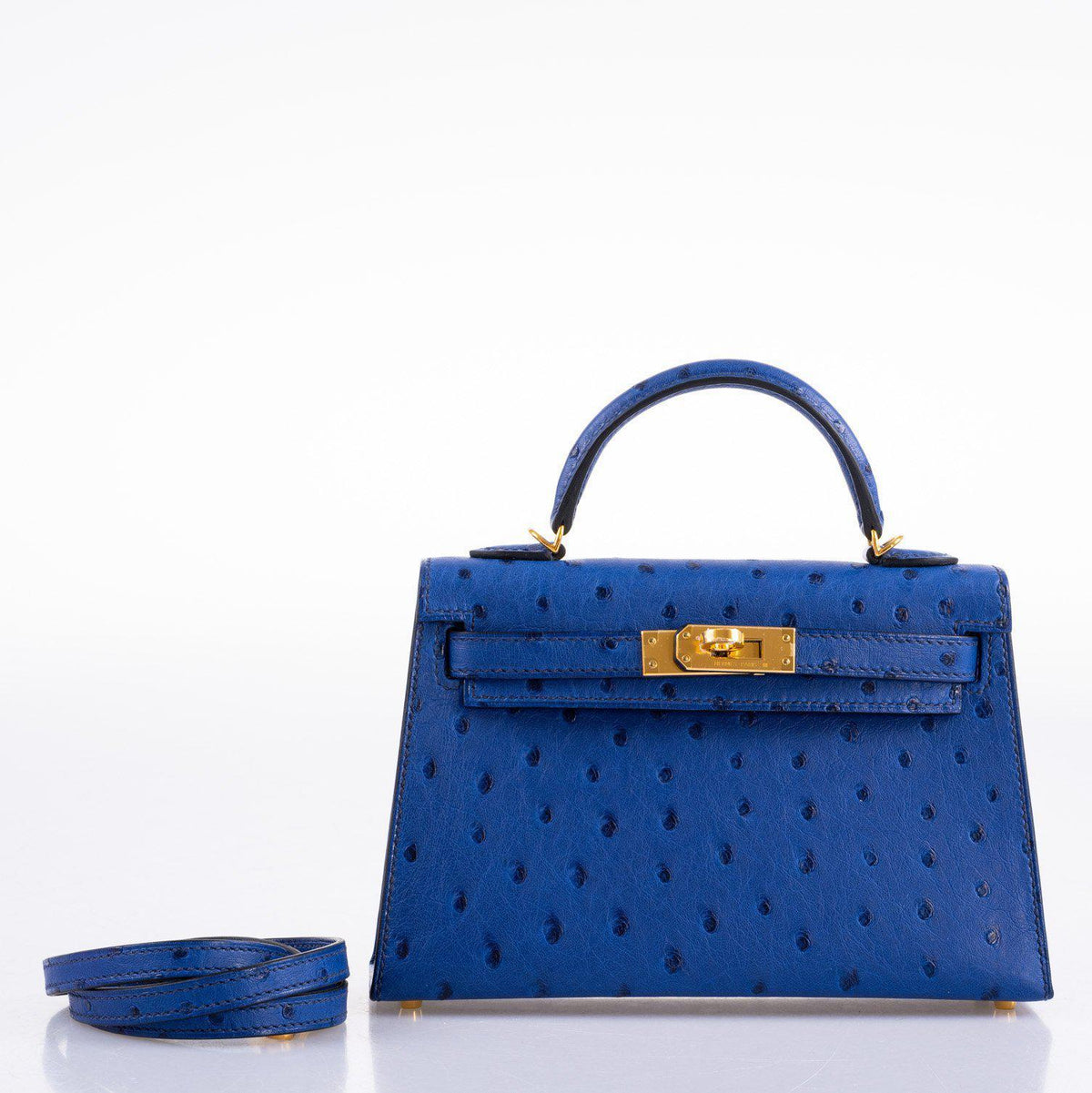 Hermes Kelly 20 Mini II Sellier Blue Sapphire Ostrich Gold Hardware Hermes