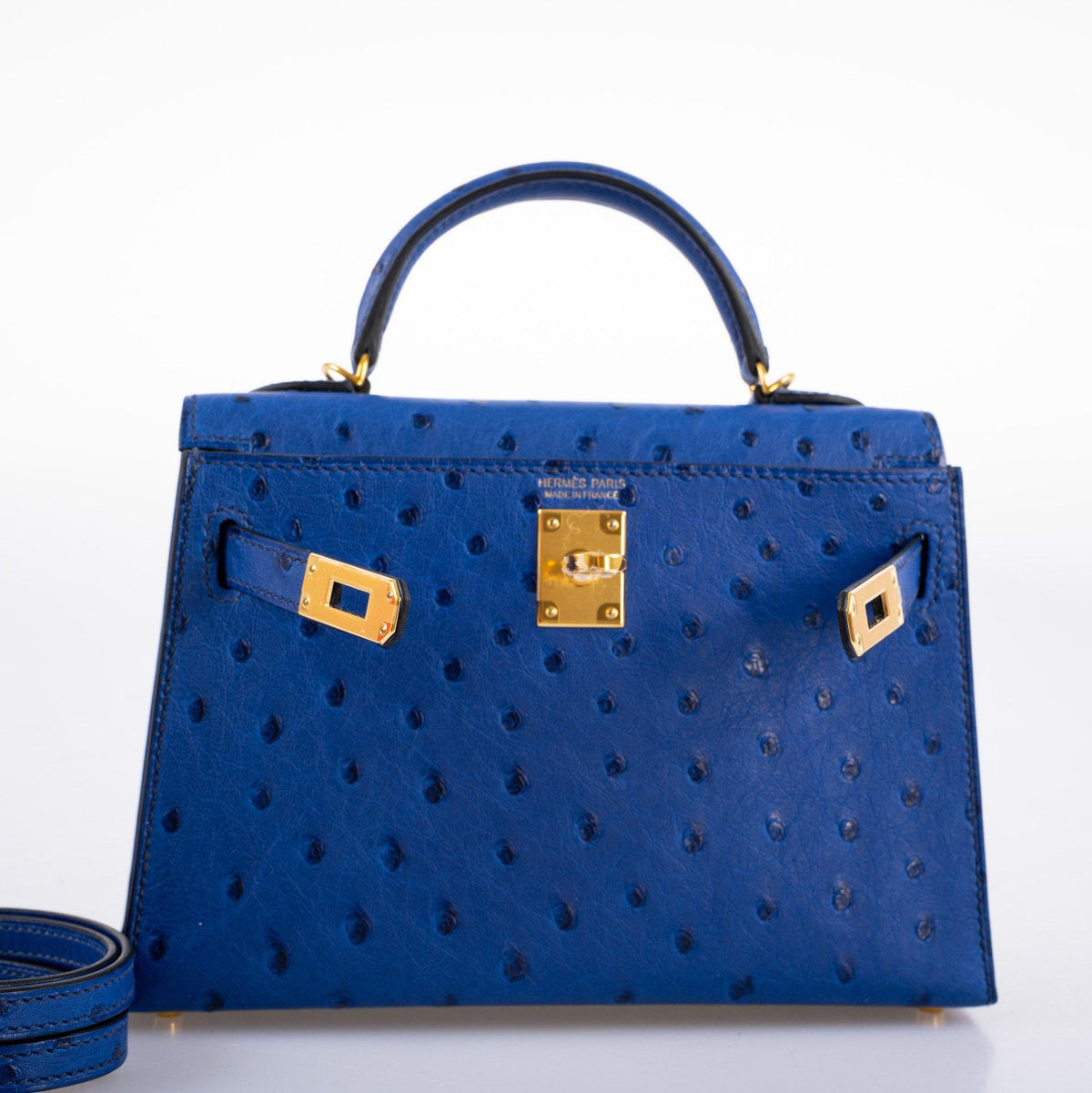 Hermes Kelly 20 Mini II Sellier Blue Sapphire Ostrich Gold Hardware Hermes