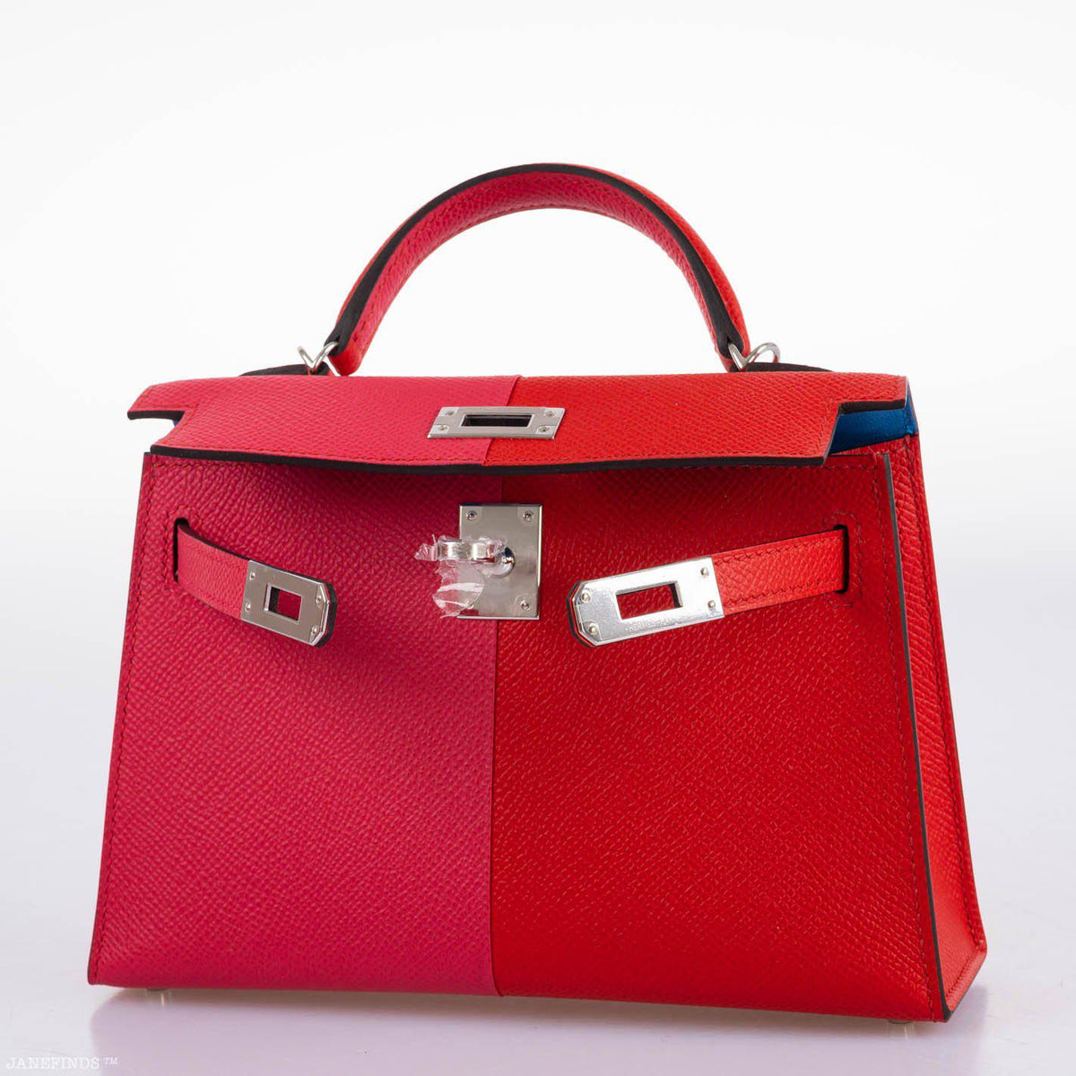 Hermes Kelly 20 Mini II Sellier Tri-color Rose Extreme, Rouge de Coeur, Bleu Zanzibar Epsom Palladium Hermes