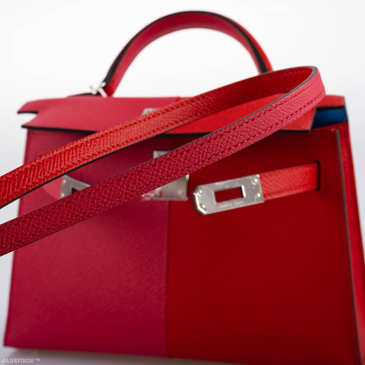 Hermes Kelly 20 Mini II Sellier Tri-color Rose Extreme, Rouge de Coeur, Bleu Zanzibar Epsom Palladium Hermes