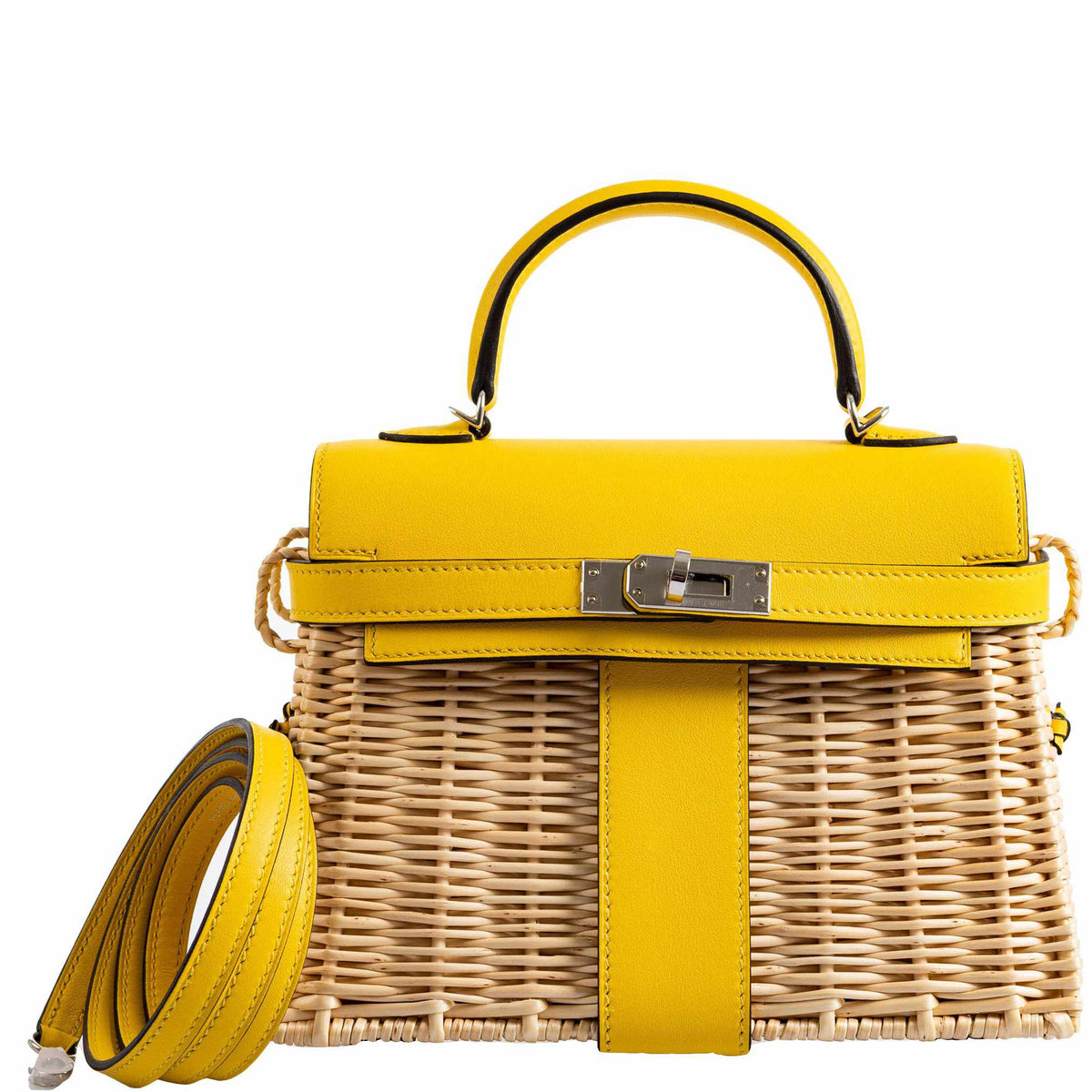 Hermes Kelly 20 Mini Picnic Jaune de Naples, Swift & Osier Wicker Palladium Hardware Hermes