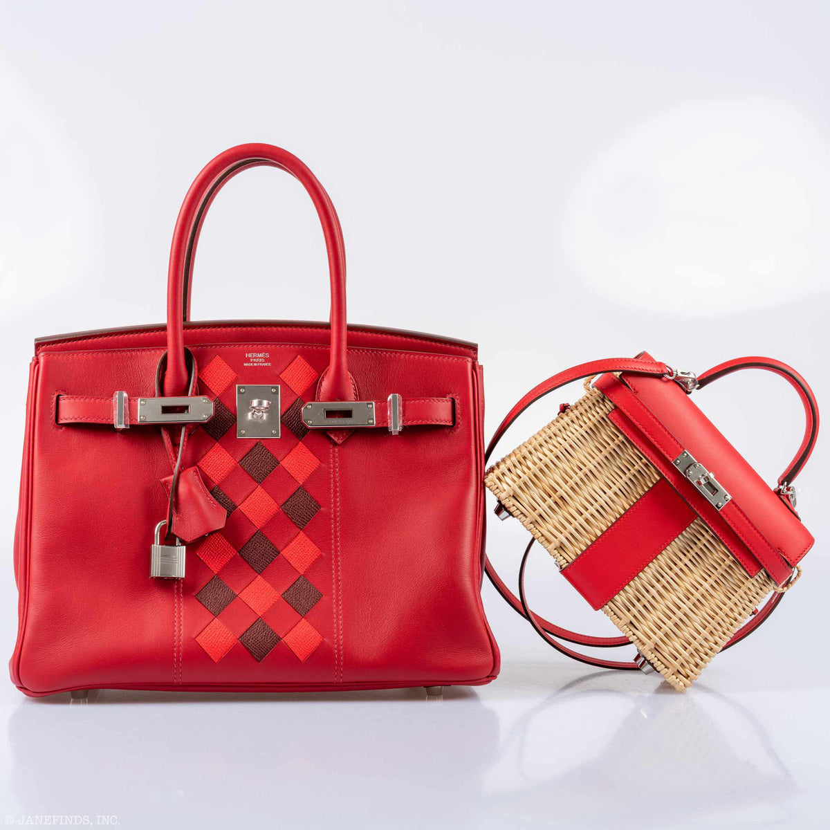 Hermes Kelly 20 Mini Picnic Rouge De Coeur, Swift & Osier Wicker Palladium Hardware Hermes