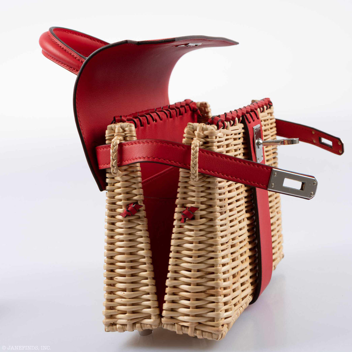 Hermes Kelly 20 Mini Picnic Rouge De Coeur, Swift & Osier Wicker Palladium Hardware Hermes