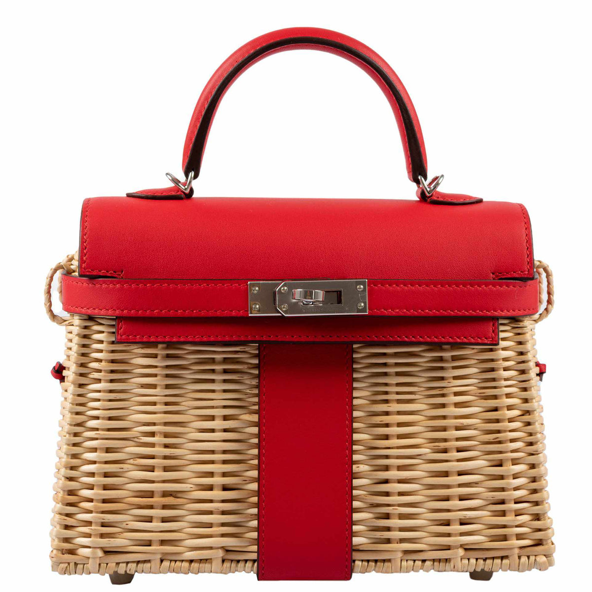 Hermes Kelly 20 Mini Picnic Rouge De Coeur, Swift & Osier Wicker Palladium Hardware Hermes