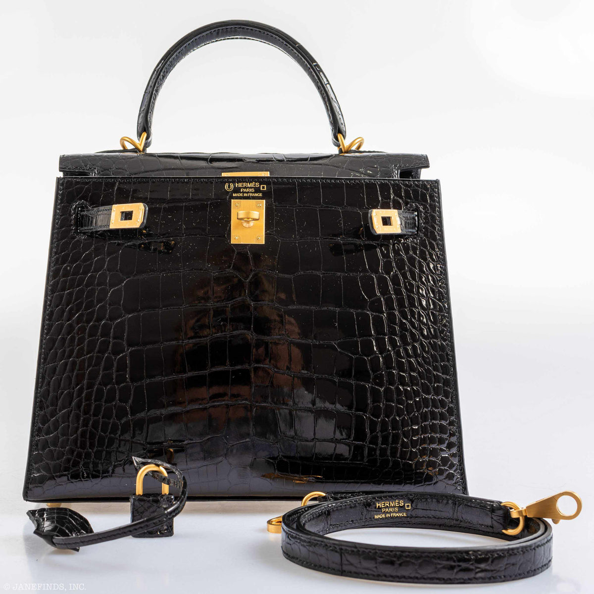 Hermes Kelly 25 HSS Sellier Black Shiny Alligator Brushed Gold Hardware Hermes