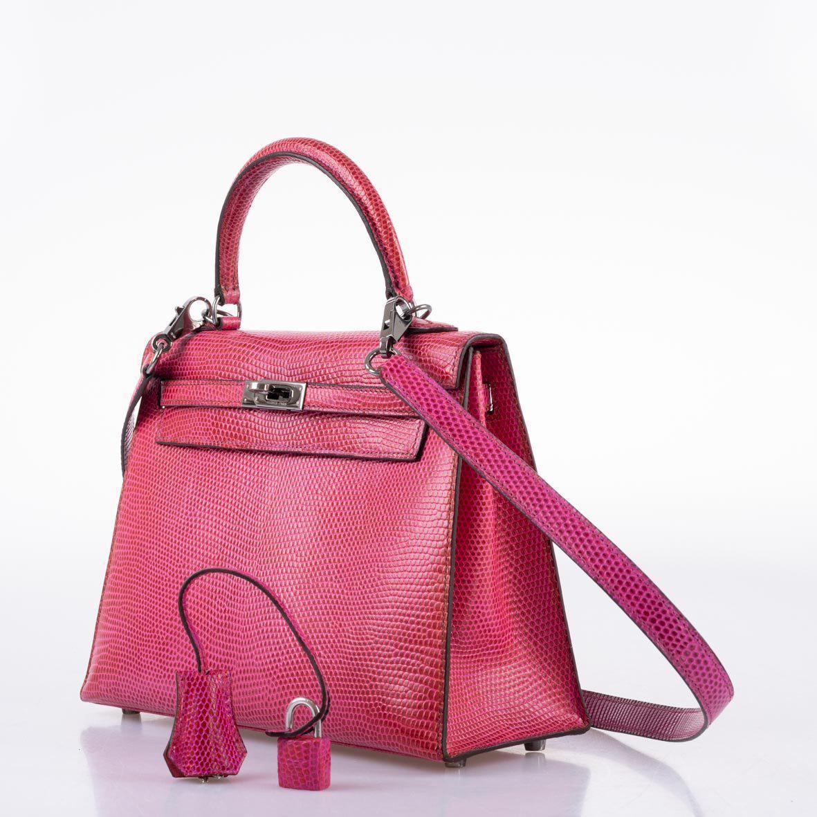 Hermes Kelly 25 Sellier Fuschia Pink Lizard Palladium Hardware Hermes